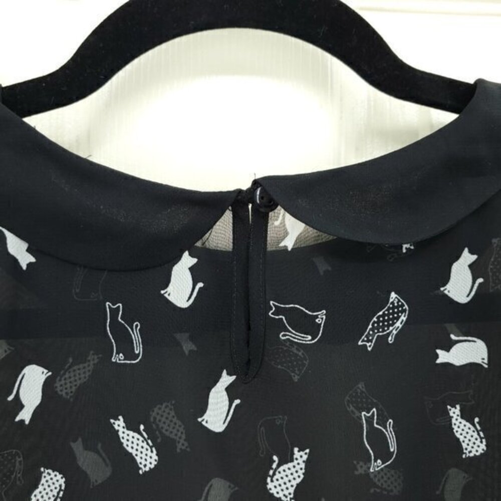 Marks & Spencer Sheer Cat-Print Peter Pan Collar Blouse Black US 8 Halloween - Picture 11 of 16